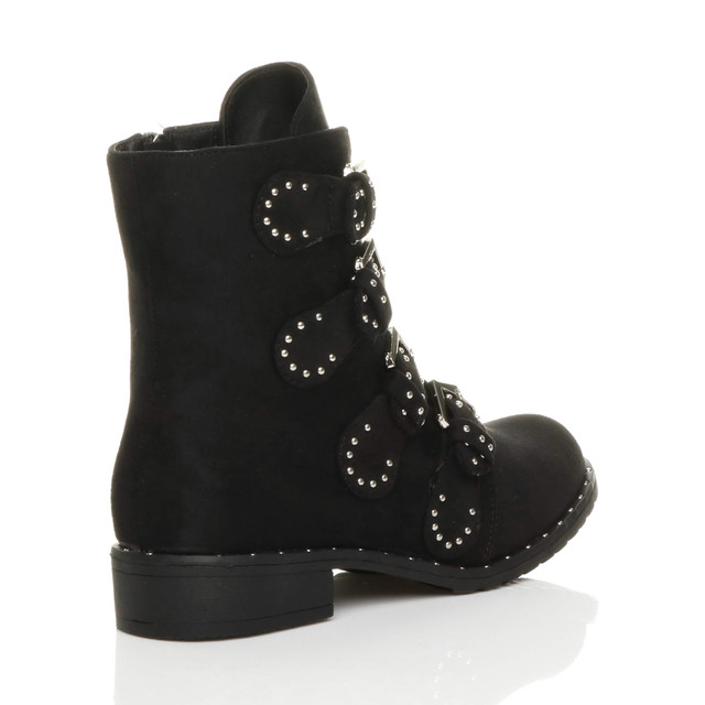 Back right side view of Black Suede Flat Low Heel Studded Buckle Biker Boots