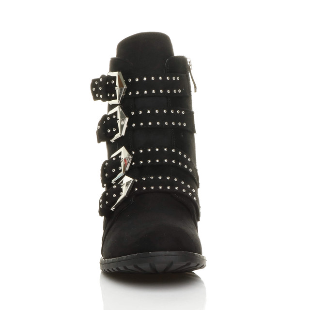 Front view of Black Suede Flat Low Heel Studded Buckle Biker Boots