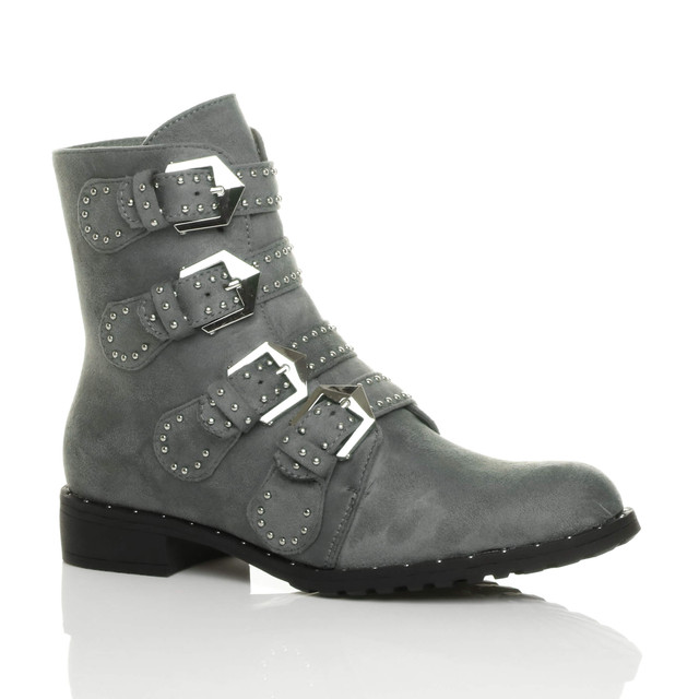 Front right side view of Grey Suede Flat Low Heel Studded Buckle Biker Boots