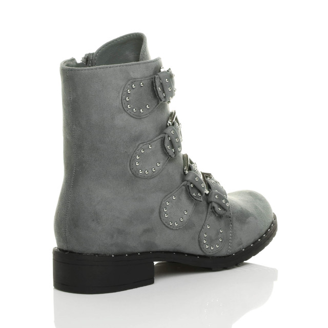 Back right side view of Grey Suede Flat Low Heel Studded Buckle Biker Boots