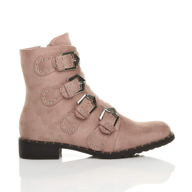 Right side view of Pink Suede Flat Low Heel Studded Buckle Biker Boots