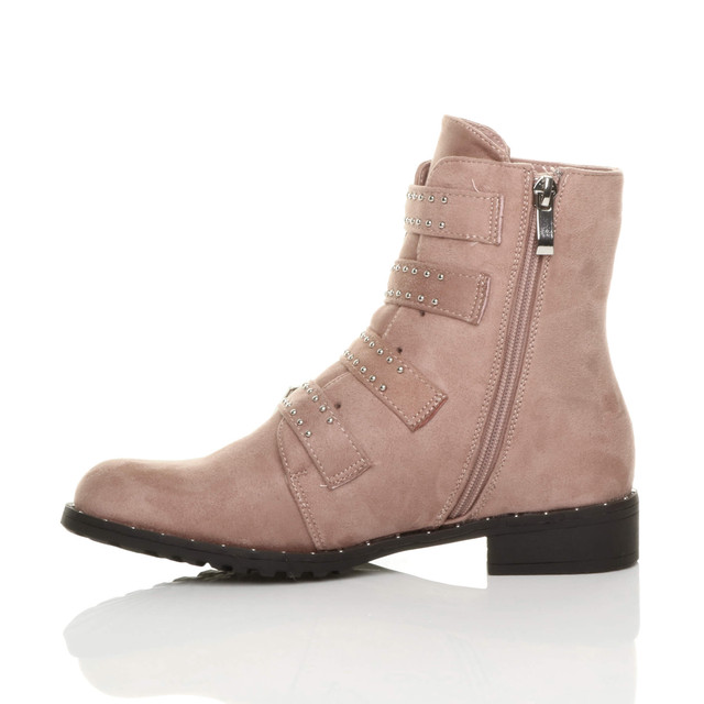 Left side view of Pink Suede Flat Low Heel Studded Buckle Biker Boots