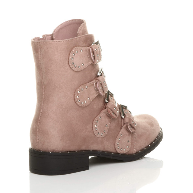 Back right side view of Pink Suede Flat Low Heel Studded Buckle Biker Boots