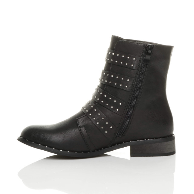 Left side view of Black PU Flat Low Heel Studded Buckle Biker Boots
