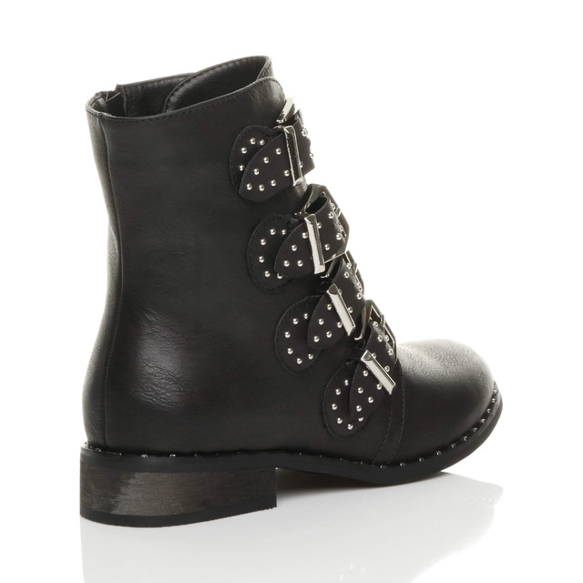 Back right side view of Black PU Flat Low Heel Studded Buckle Biker Boots