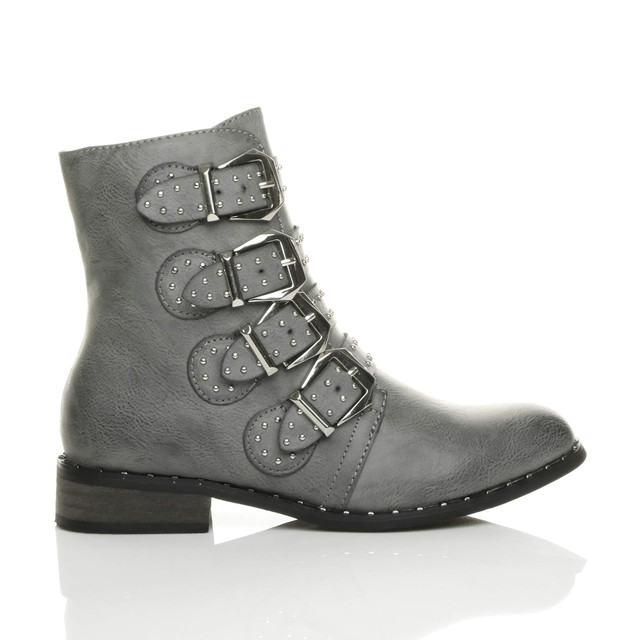 Right side view of Grey PU Flat Low Heel Studded Buckle Biker Boots