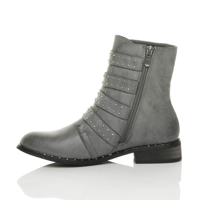 Left side view of Grey PU Flat Low Heel Studded Buckle Biker Boots