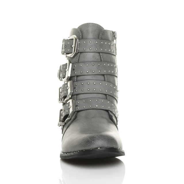 Front view of Grey PU Flat Low Heel Studded Buckle Biker Boots