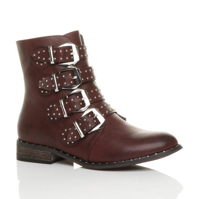 Front right side view of Burgundy PU Flat Low Heel Studded Buckle Biker Boots