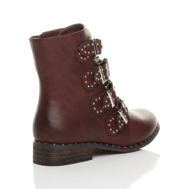 Back right side view of Burgundy PU Flat Low Heel Studded Buckle Biker Boots
