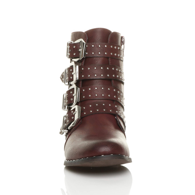Front view of Burgundy PU Flat Low Heel Studded Buckle Biker Boots
