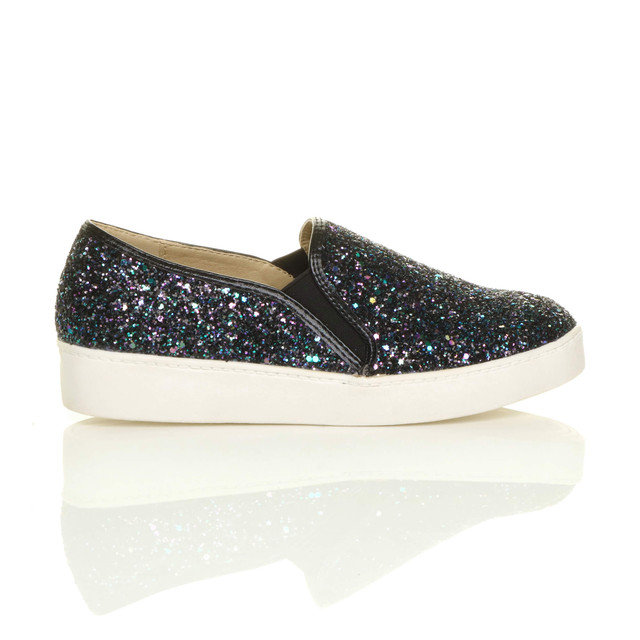 Right side view of Black Multi Glitter Flat Slip On Glitter Plimsolls Trainers