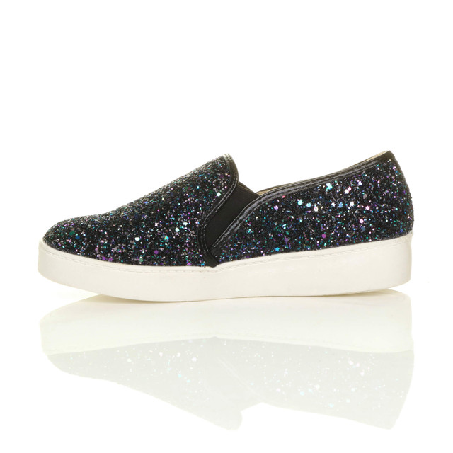 Left side view of Black Multi Glitter Flat Slip On Glitter Plimsolls Trainers