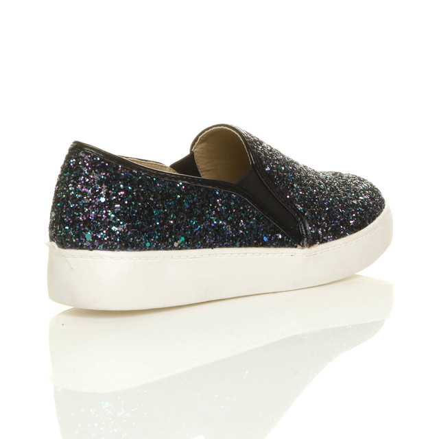 Back right side view of Black Multi Glitter Flat Slip On Glitter Plimsolls Trainers
