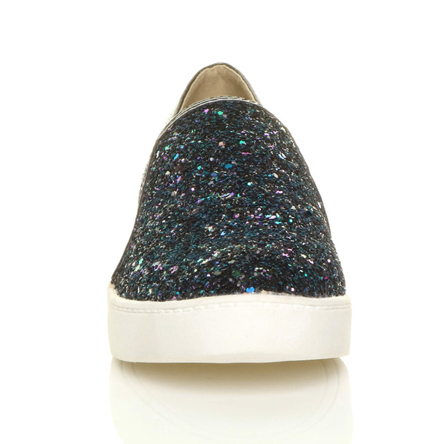 Front view of Black Multi Glitter Flat Slip On Glitter Plimsolls Trainers