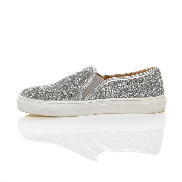 Left side view of Silver Glitter Flat Slip On Glitter Plimsolls Trainers