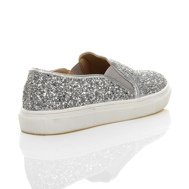Back right side view of Silver Glitter Flat Slip On Glitter Plimsolls Trainers