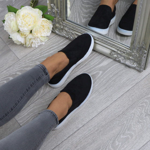 Model wearing Black Suede Flat Slip On Glitter Plimsolls Trainers