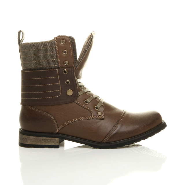 Right side view of Brown PU Low Heel Fold Over Padded Cuff Military Ankle Boots