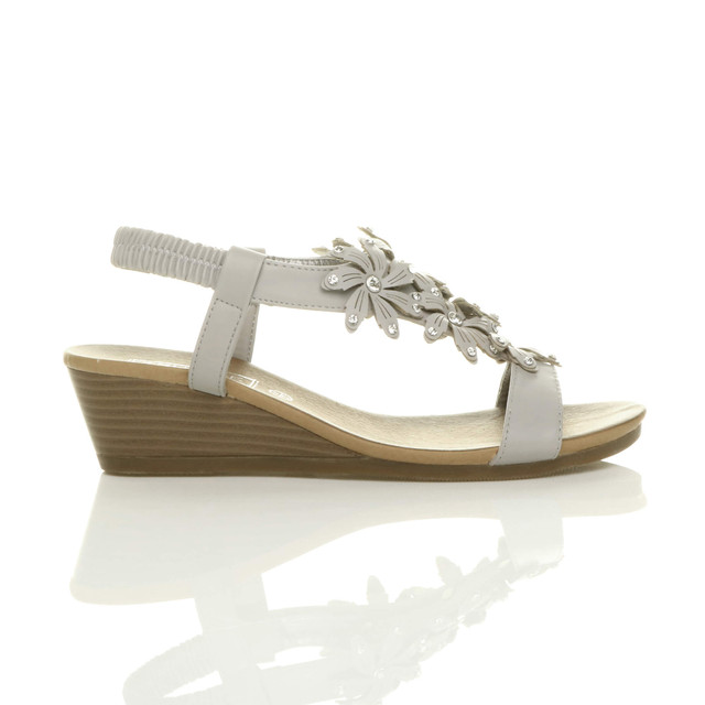 Right side view of Grey PU Mid Heel Wedge Flower Diamante Slingback Sandals