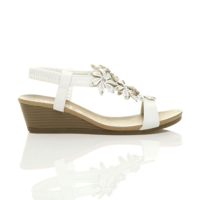 Right side view of White PU Mid Heel Wedge Flower Diamante Slingback Sandals