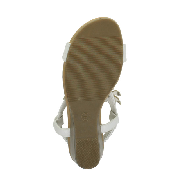 Bottom view of the sole of White PU Mid Heel Wedge Flower Diamante Slingback Sandals