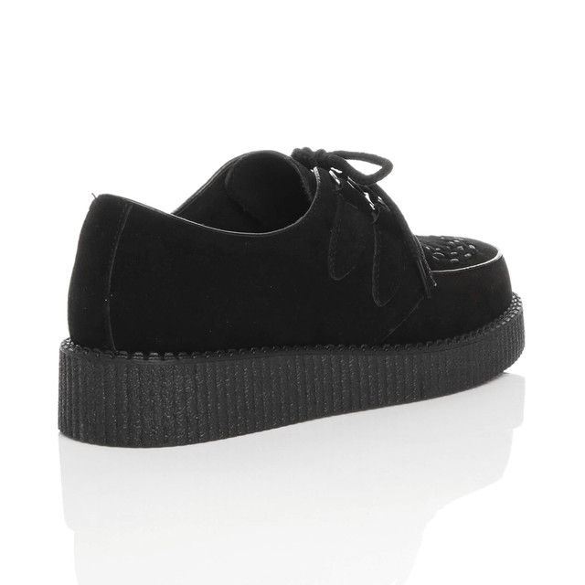 Back right side view of Black Suede Flat Wedge Platform Creepers Shoes