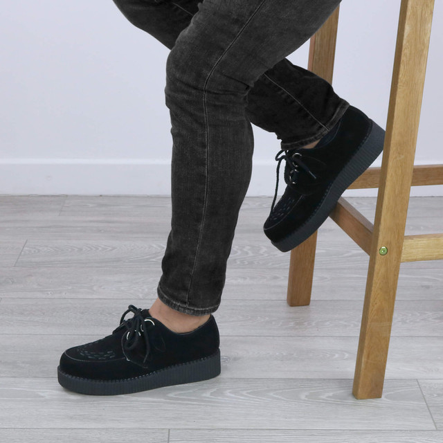 Model wearing Black Suede Flat Wedge Platform Creepers Shoes