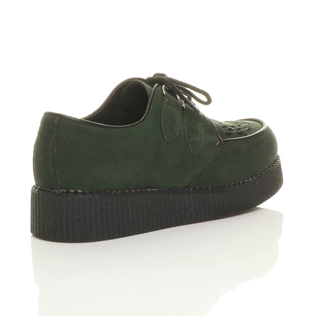 Back right side view of Green Suede Flat Wedge Platform Creepers Shoes