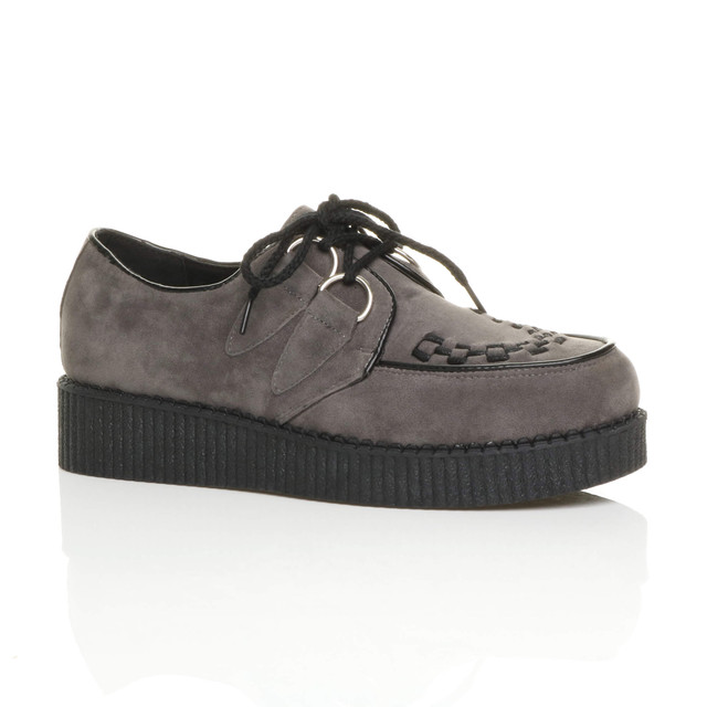 Front right side view of Grey Suede Flat Wedge Platform Creepers Shoes