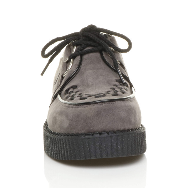 Front view of Grey Suede Flat Wedge Platform Creepers Shoes