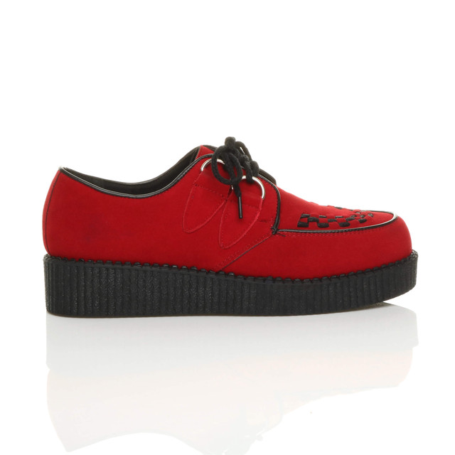 Right side view of Red Suede Flat Wedge Platform Creepers Shoes
