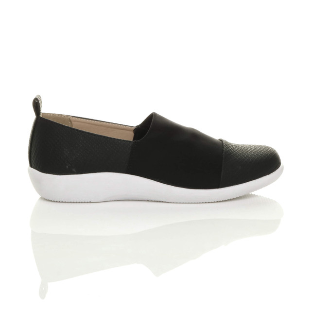 Right side view of Black PU Flat Cushioned Padded Comfort Elastic Snake Slip On Shoes Trainers