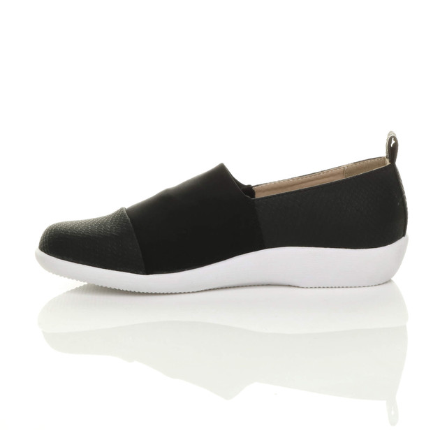 Left side view of Black PU Flat Cushioned Padded Comfort Elastic Snake Slip On Shoes Trainers
