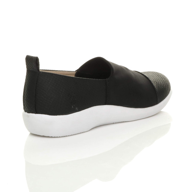 Back right side view of Black PU Flat Cushioned Padded Comfort Elastic Snake Slip On Shoes Trainers