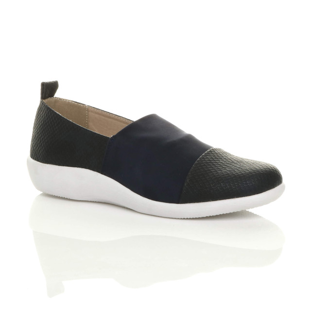 Front right side view of Navy PU Flat Cushioned Padded Comfort Elastic Snake Slip On Shoes Trainers