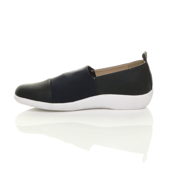 Left side view of Navy PU Flat Cushioned Padded Comfort Elastic Snake Slip On Shoes Trainers