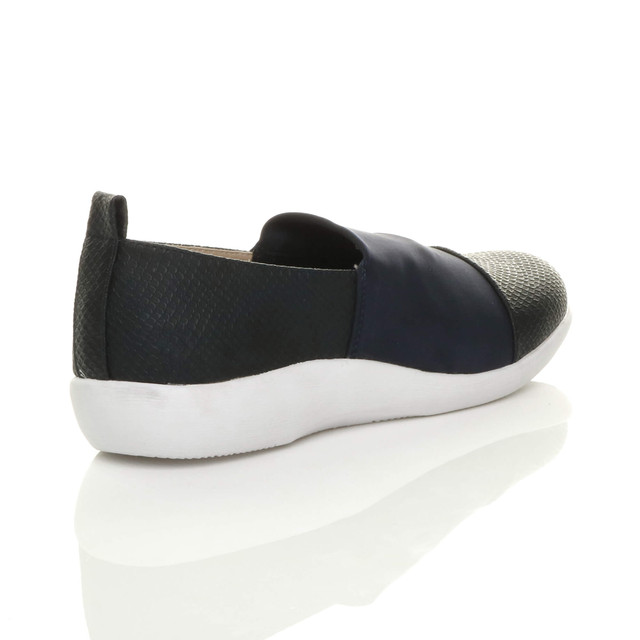 Back right side view of Navy PU Flat Cushioned Padded Comfort Elastic Snake Slip On Shoes Trainers