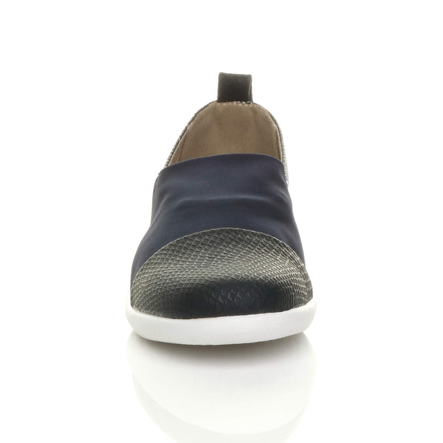 Front view of Navy PU Flat Cushioned Padded Comfort Elastic Snake Slip On Shoes Trainers