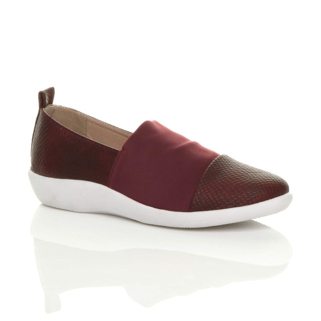 Front right side view of Burgundy PU Flat Cushioned Padded Comfort Elastic Snake Slip On Shoes Trainers