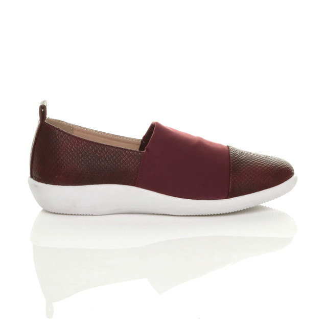 Right side view of Burgundy PU Flat Cushioned Padded Comfort Elastic Snake Slip On Shoes Trainers