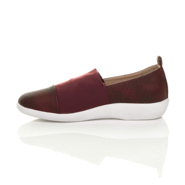 Left side view of Burgundy PU Flat Cushioned Padded Comfort Elastic Snake Slip On Shoes Trainers