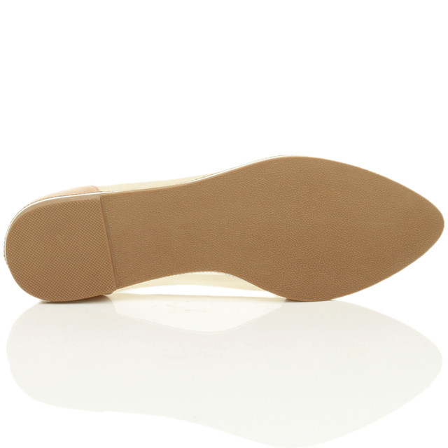 Bottom view of the sole of Beige Patent Flat Diamante Mesh Pointed Toe Ballerina Dolly Shoes