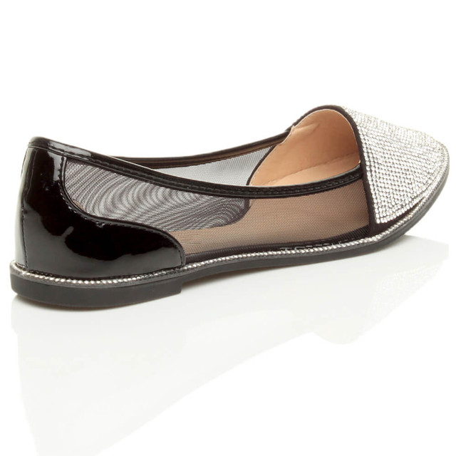 Back right side view of Black Patent Flat Diamante Mesh Pointed Toe Ballerina Dolly Shoes