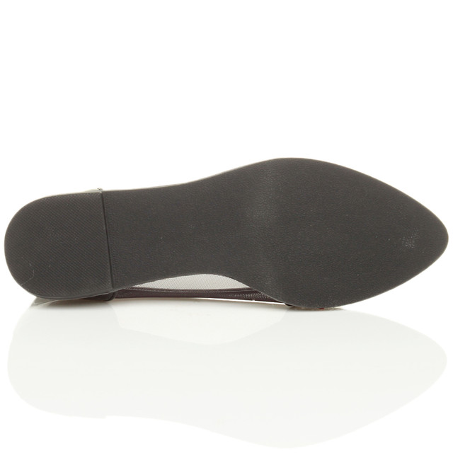 Bottom view of the sole of Black Patent Flat Diamante Mesh Pointed Toe Ballerina Dolly Shoes