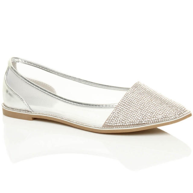 Front right side view of Silver Patent Flat Diamante Mesh Pointed Toe Ballerina Dolly Shoes