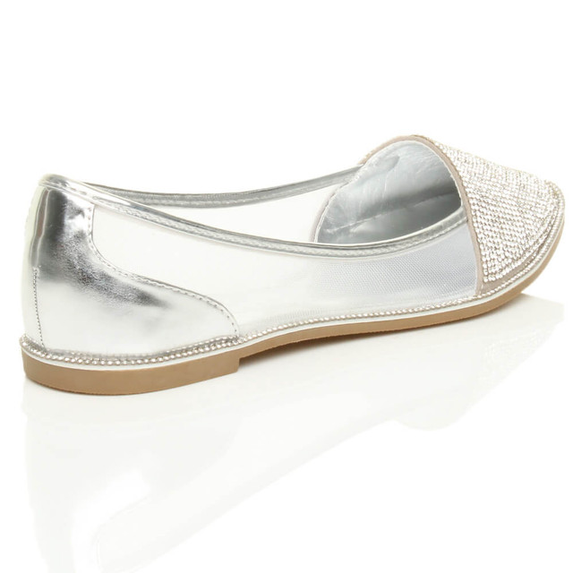 Back right side view of Silver Patent Flat Diamante Mesh Pointed Toe Ballerina Dolly Shoes