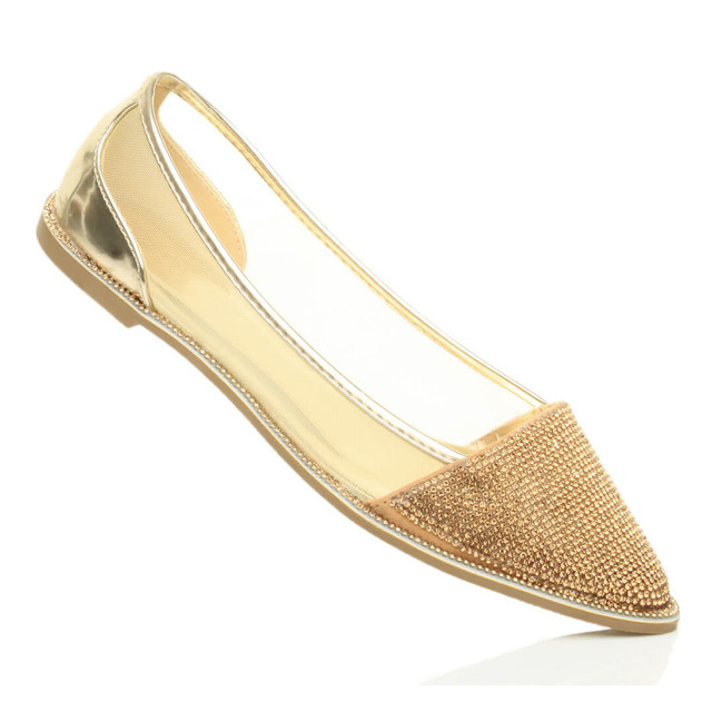 Closeup view of features of Gold Patent Flat Diamante Mesh Pointed Toe Ballerina Dolly Shoes