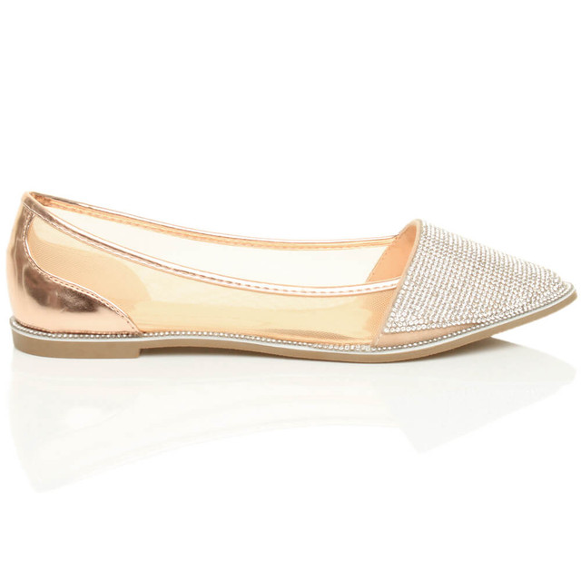 Right side view of Rose Gold Patent Flat Diamante Mesh Pointed Toe Ballerina Dolly Shoes