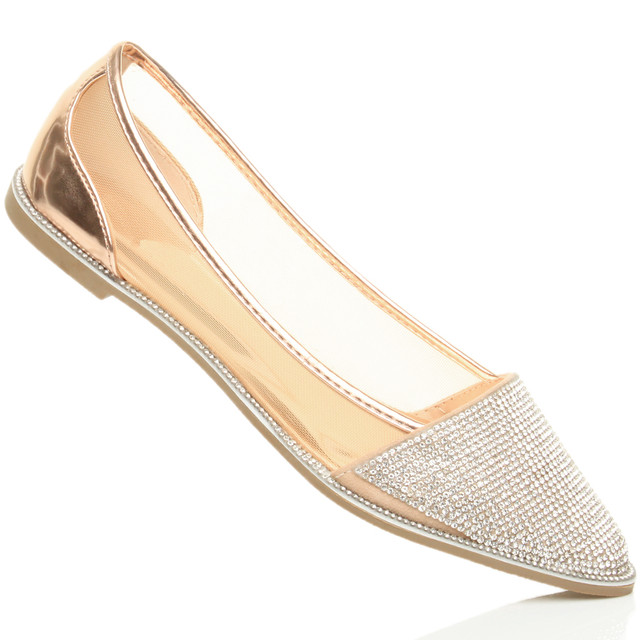 Bottom view of the sole of Rose Gold Patent Flat Diamante Mesh Pointed Toe Ballerina Dolly Shoes